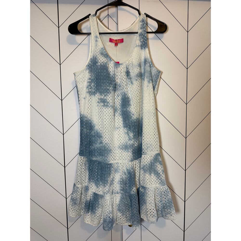 Catherine Malandrino Womenโs 6 White Blue Tie Dye Cotton Eyelet Drop Waist Dress